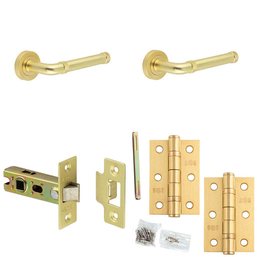 Door Handle Latch Satin Brass Knurled-Edge Premium Rounded Lever Round Plain Rose