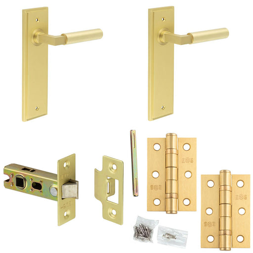 Door Handle Latch Satin Brass Mitred Premium Rounded Lever Latch Backplate