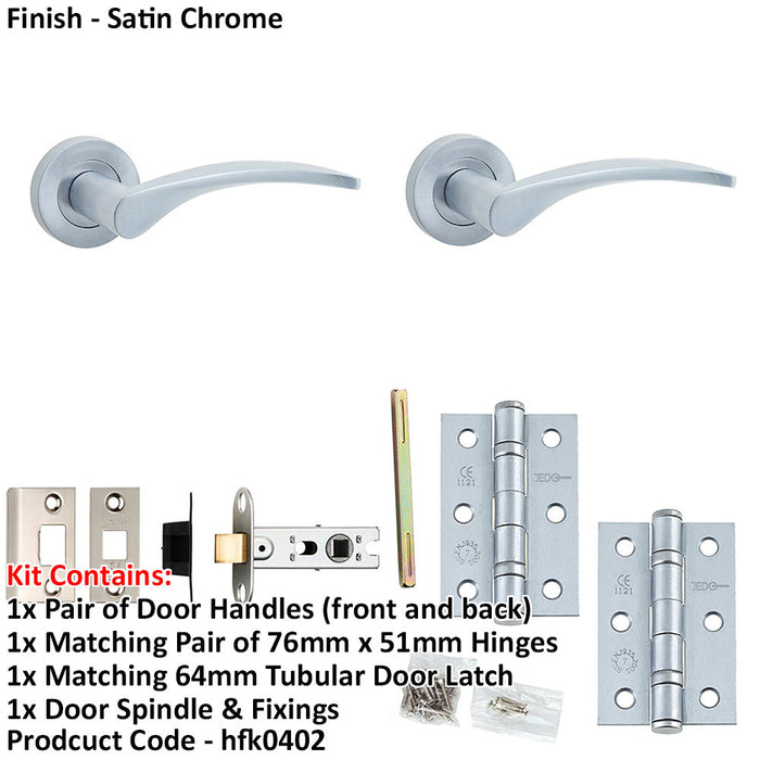 Door Handle Latch Satin Chrome Slim Curved Lever Round Plain Rose-1