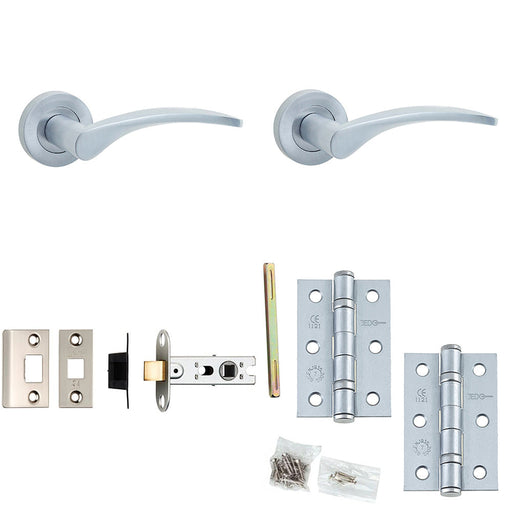 Door Handle Latch Satin Chrome Slim Curved Lever Round Plain Rose