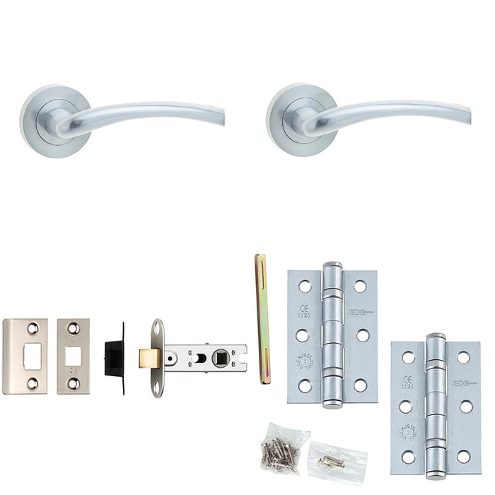 Door Handle Latch Satin Chrome Curved Lever Round Plain Rose