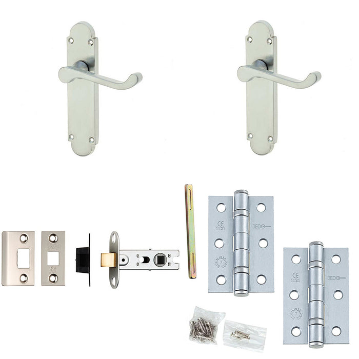 Door Handle Latch Satin Chrome Sculpted Rounded Lever Latch Backplate