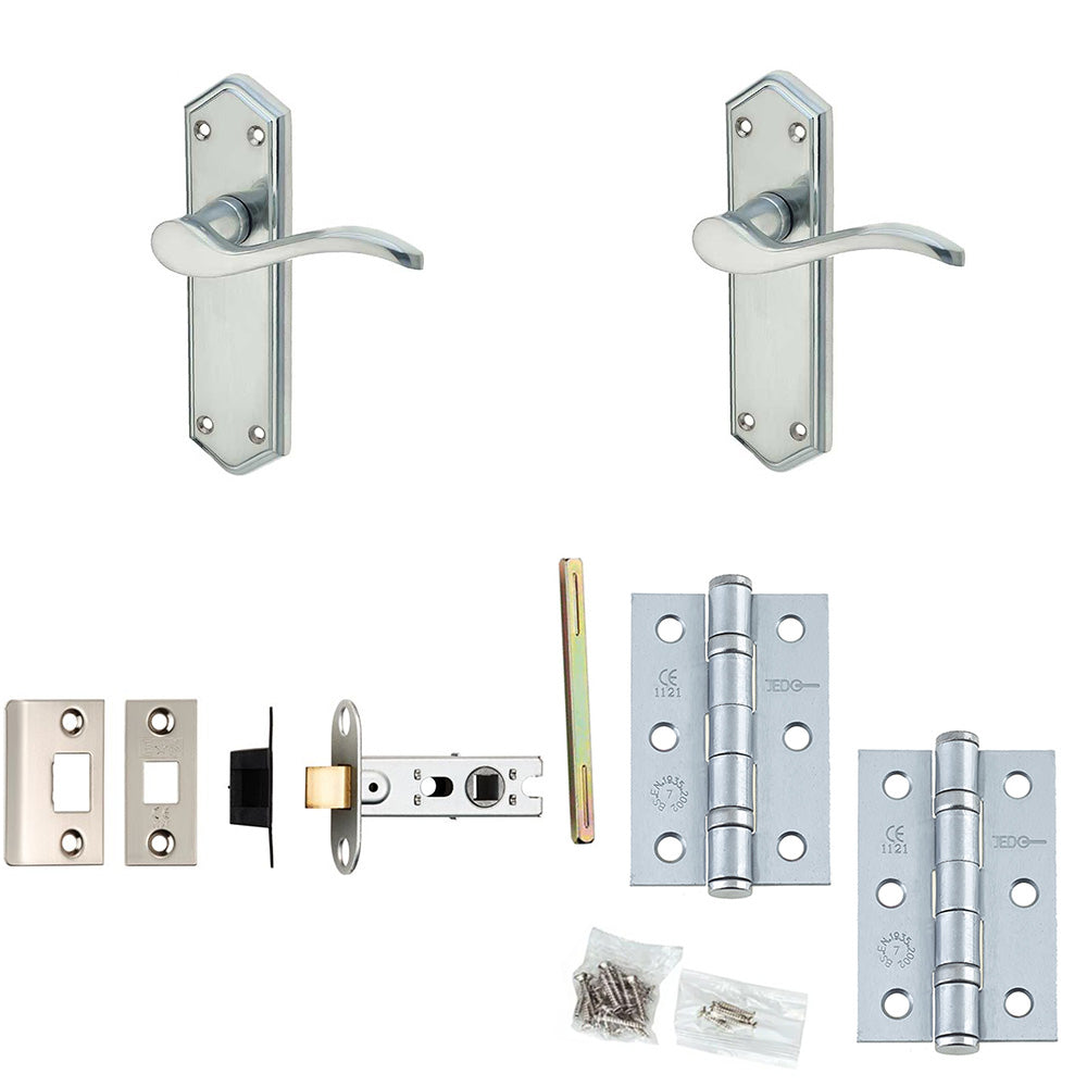 Door Handle & Latch Set Satin Chrome Slim Sculpted Lever Latch Backpla ...