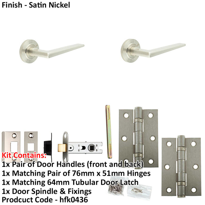 Door Handle Latch Satin Nickel Slim Mitred Lever Round Chamfered Rose-1