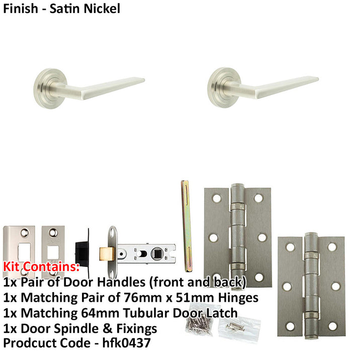 Door Handle Latch Satin Nickel Slim Mitred Lever Round Stepped Rose-1