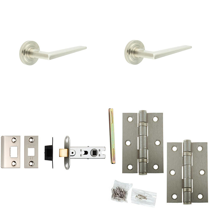 Door Handle Latch Satin Nickel Slim Mitred Lever Round Stepped Rose