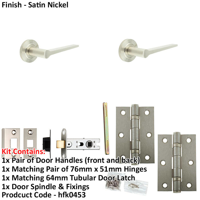 Door Handle Latch Satin Nickel Slim Tapered Lever Round Stepped Rose-1