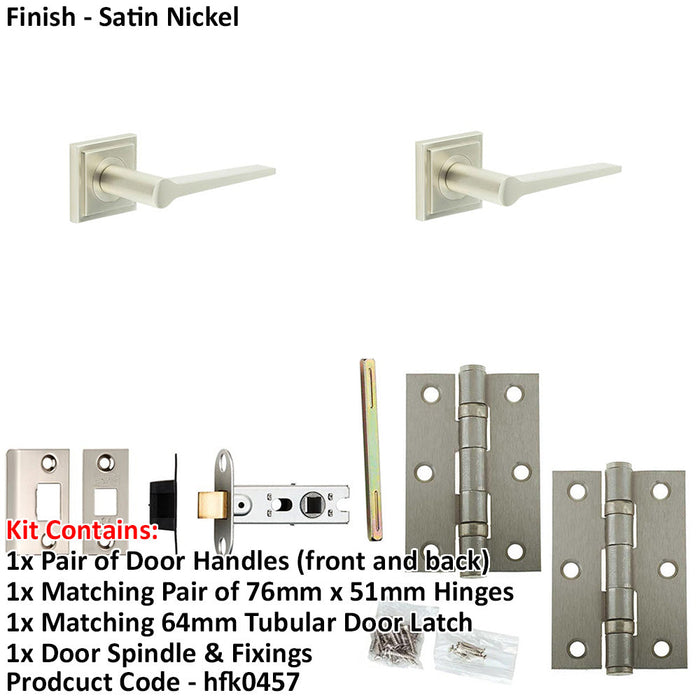 Door Handle Latch Satin Nickel Slim Tapered Lever Square Stepped Rose-1