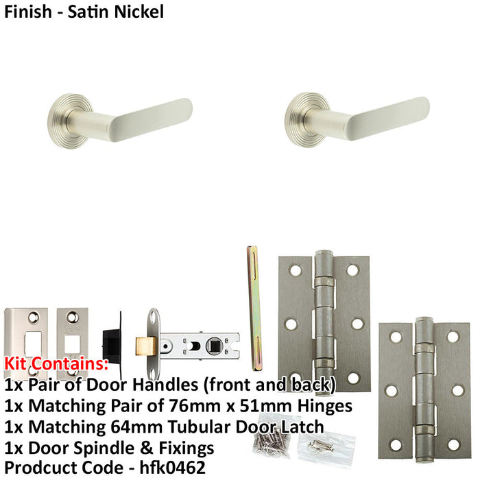 Door Handle Latch Satin Nickel Flat Lever Round Reeded Rose-1