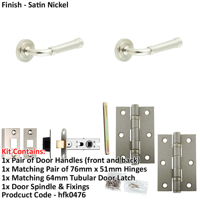 Door Handle Latch Satin Nickel Grooved Premium Rounded Lever Round Stepped Rose-1
