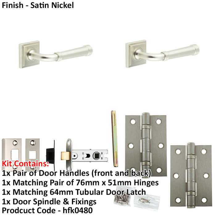 Door Handle Latch Satin Nickel Grooved Premium Rounded Lever Square Stepped Rose-1