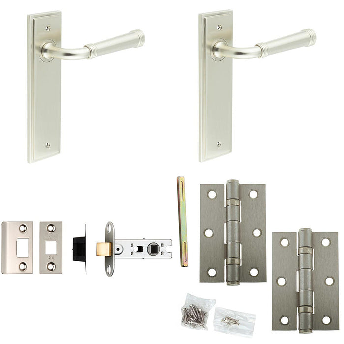 Door Handle Latch Satin Nickel Grooved Premium Rounded Lever Latch Backplate