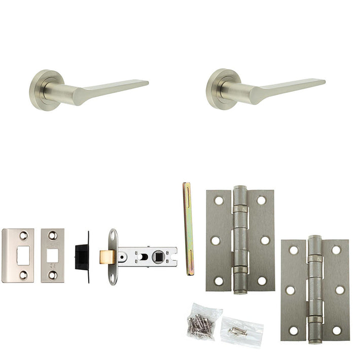 Door Handle Latch Satin Nickel Slim Rounded Lever Round Plain Rose (1)