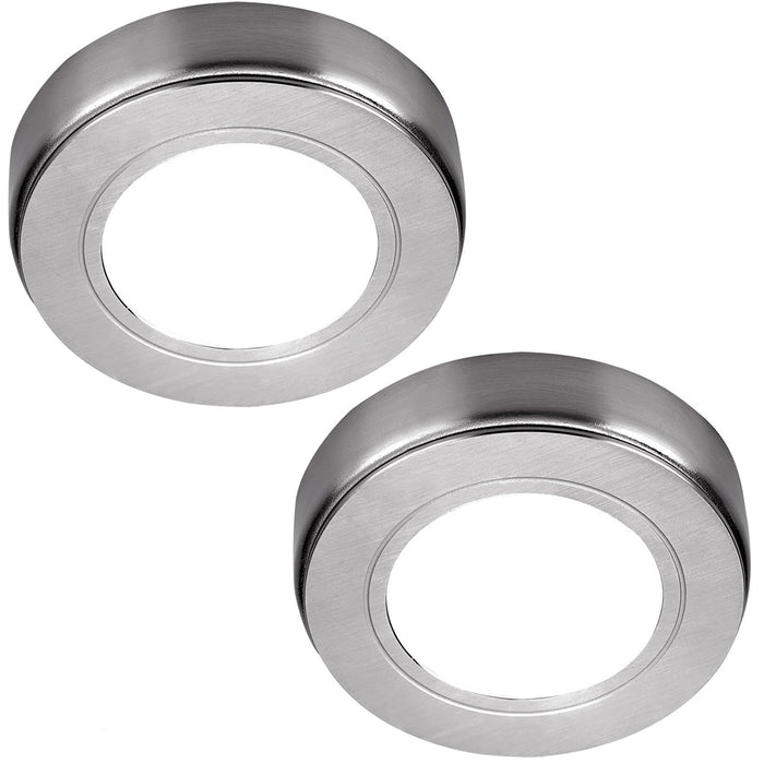 2x CHROME Round Surface or Flush Under Cabinet Kitchen Light Kit - 240V Mains Powered - Warm White LED
