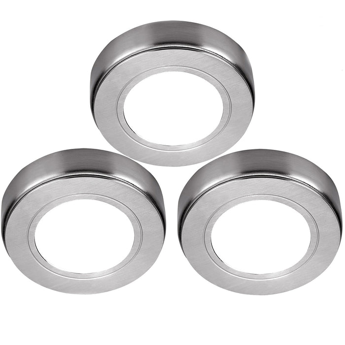 3x BRUSHED NICKEL Round Surface or Flush Under Cabinet Kitchen Light Kit - 240V Mains Powered - Warm White LED
