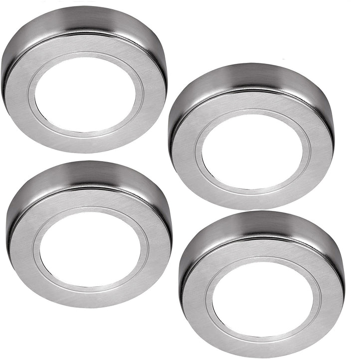 4x 240V Non-Dimmable Round Surface / Recessed LED Under Cabinet Lights – Chrome, Warm White