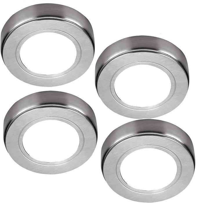 4x BRUSHED NICKEL Round Surface or Flush Under Cabinet Kitchen Light Kit - 240V Mains Powered - Warm White LED