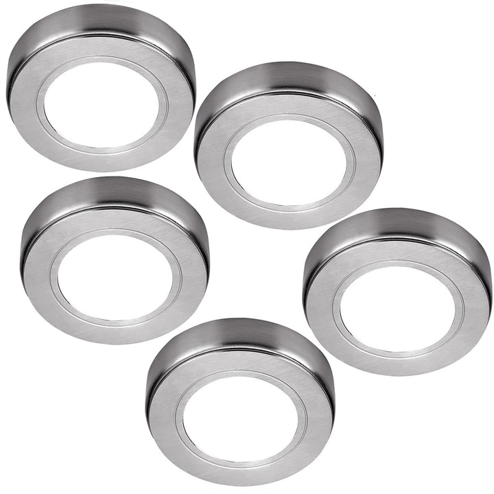5x 240V Non-Dimmable Round Surface / Recessed LED Under Cabinet Lights – Chrome, Warm White