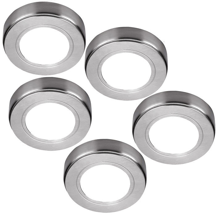 5x CHROME Round Surface or Flush Under Cabinet Kitchen Light Kit - 240V Mains Powered - Warm White LED