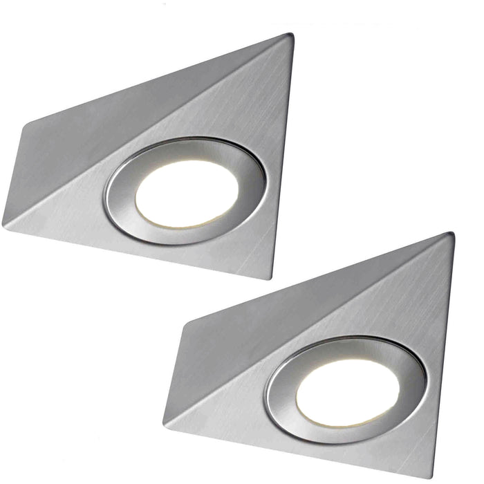 2x BRUSHED NICKEL Triangle Surface Under Cabinet Kitchen Light Kit - 240V Mains Powered - Natural White LED