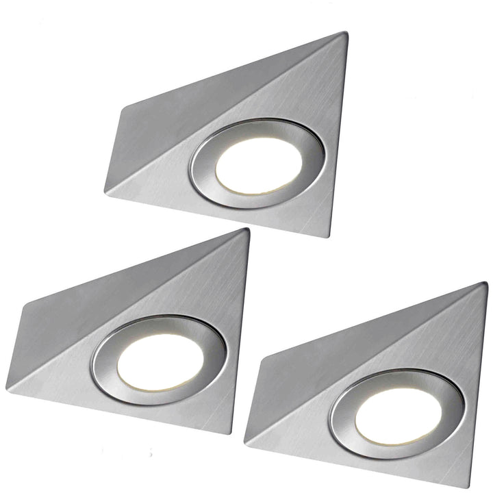 3x 240V Non-Dimmable Triangle Surface Mounted LED Under Cabinet Lights – Brushed Nickel, Warm White