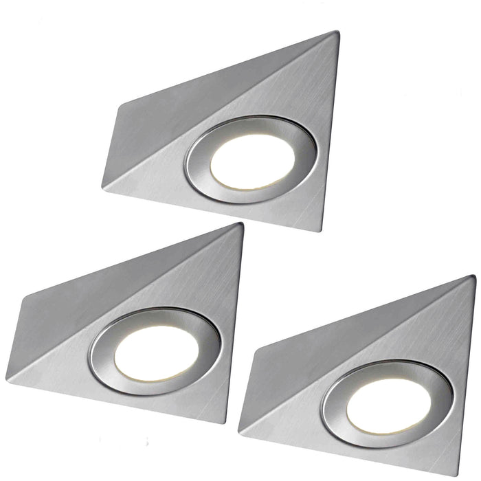 3x BRUSHED NICKEL Triangle Surface Under Cabinet Kitchen Light Kit - 240V Mains Powered - Warm White LED
