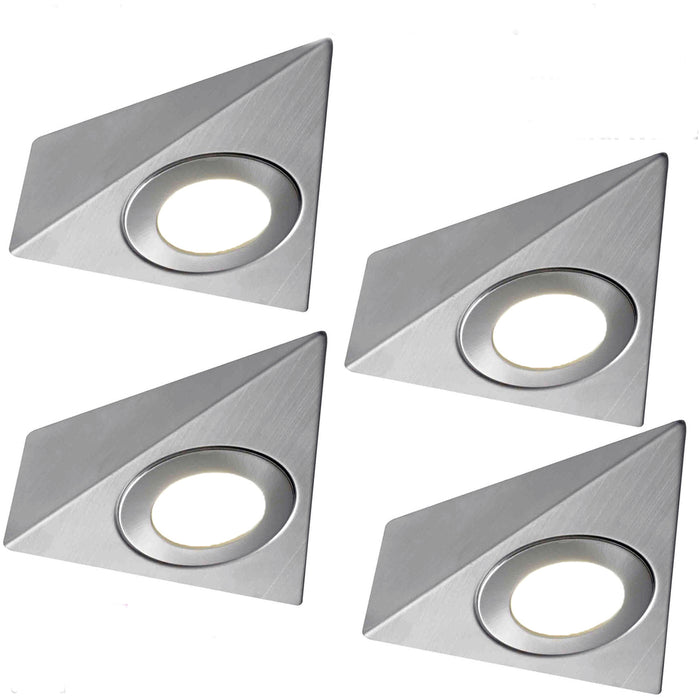 4x BRUSHED NICKEL Triangle Surface Under Cabinet Kitchen Light Kit - 240V Mains Powered - Warm White LED