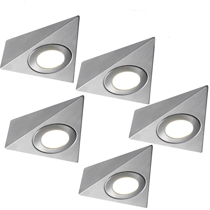 5x BRUSHED NICKEL Triangle Surface Under Cabinet Kitchen Light Kit - 240V Mains Powered - Warm White LED
