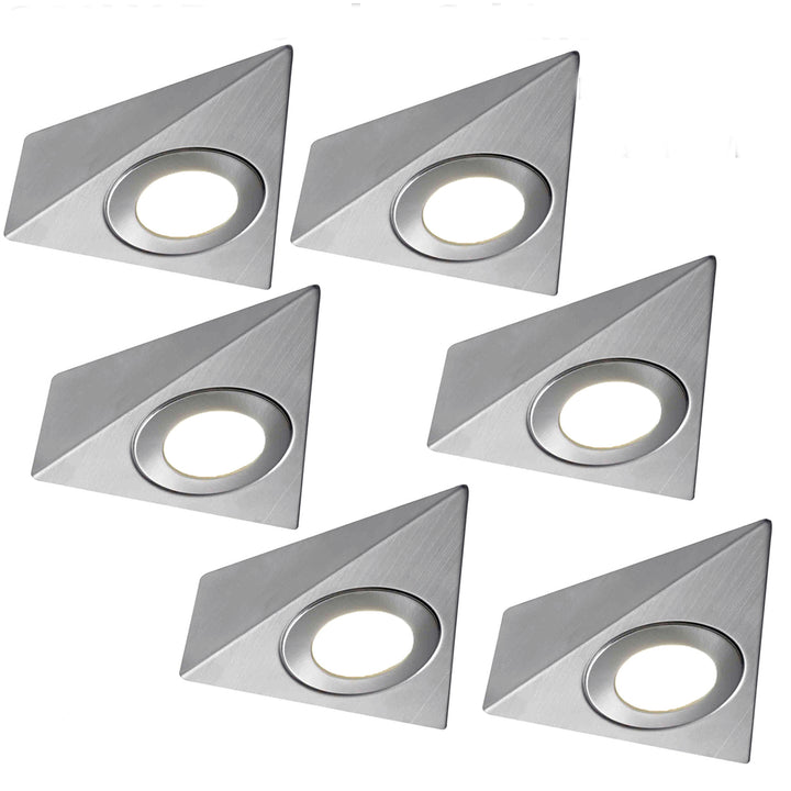 6x 240V Non-Dimmable Triangle Surface Mounted LED Under Cabinet Lights – Brushed Nickel, Natural White