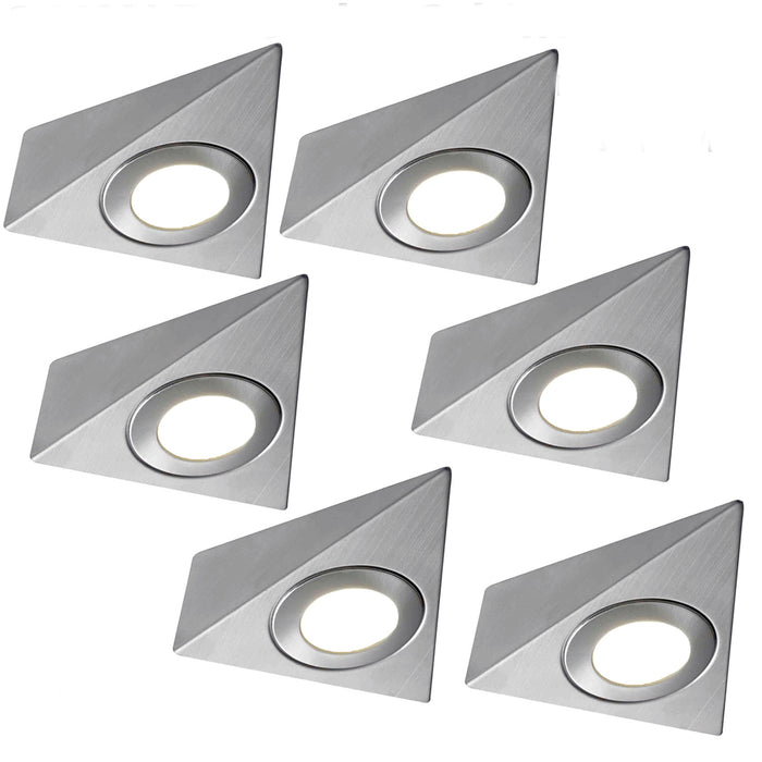 6x BRUSHED NICKEL Triangle Surface Under Cabinet Kitchen Light Kit - 240V Mains Powered - Warm White LED