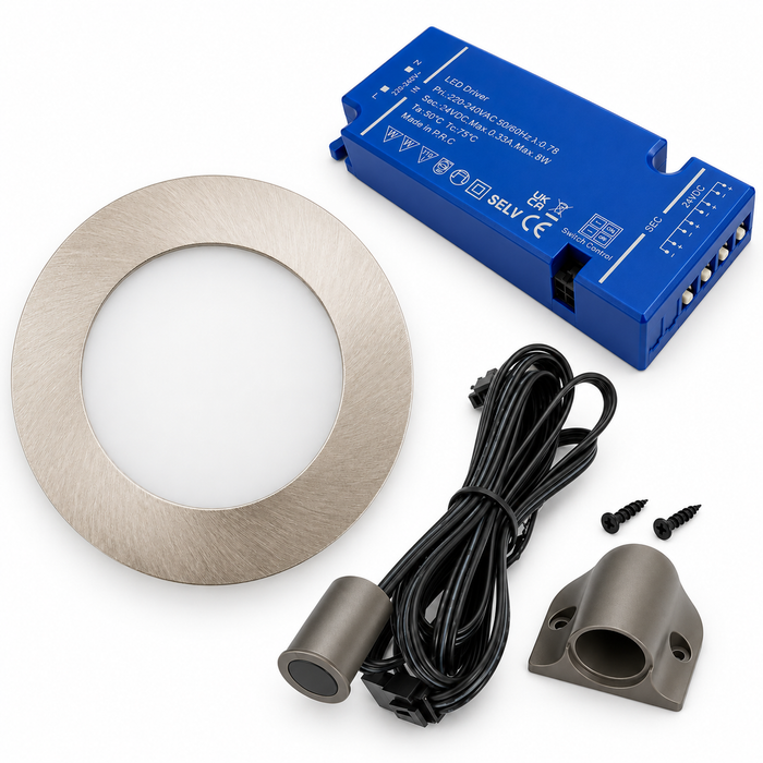 1x 24V Dimmable Aluminium Round Recessed LED Under Cabinet Light and Driver Kit, 3 White Colours