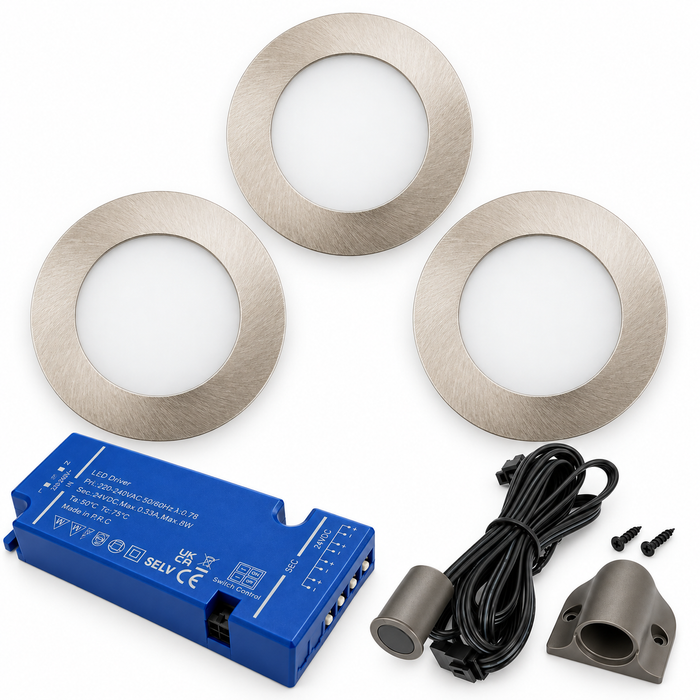 3x 24V Dimmable Aluminium Round Recessed LED Under Cabinet Light and Driver Kit, 3 White Colours