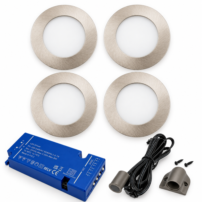 4x 24V Dimmable Aluminium Round Recessed LED Under Cabinet Light and Driver Kit, 3 White Colours