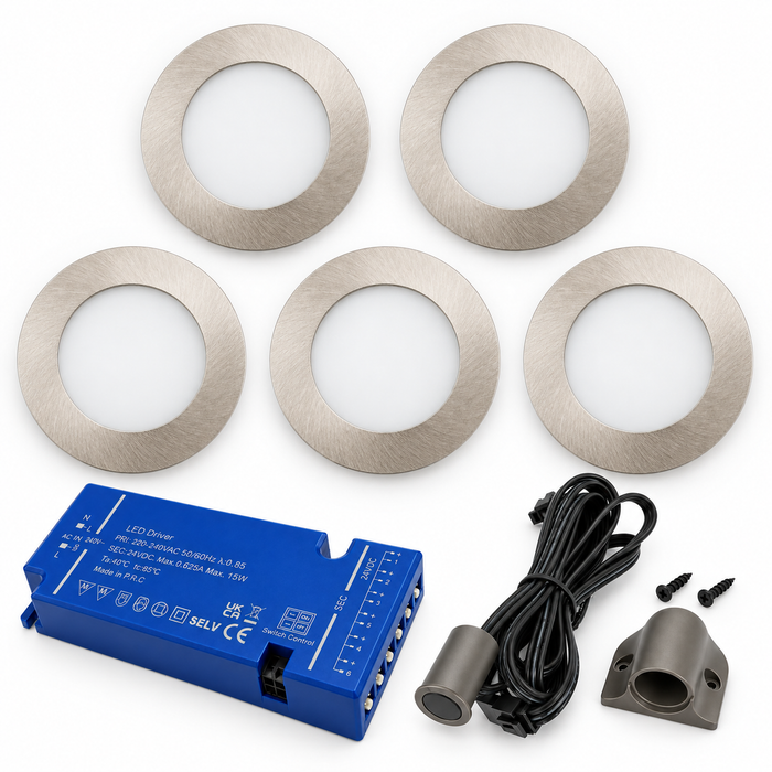 5x 24V Dimmable Aluminium Round Recessed LED Under Cabinet Light and Driver Kit, 3 White Colours