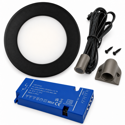1x 24V Dimmable Black Round Recessed LED Under Cabinet Light and Driver Kit, 3 White Colours