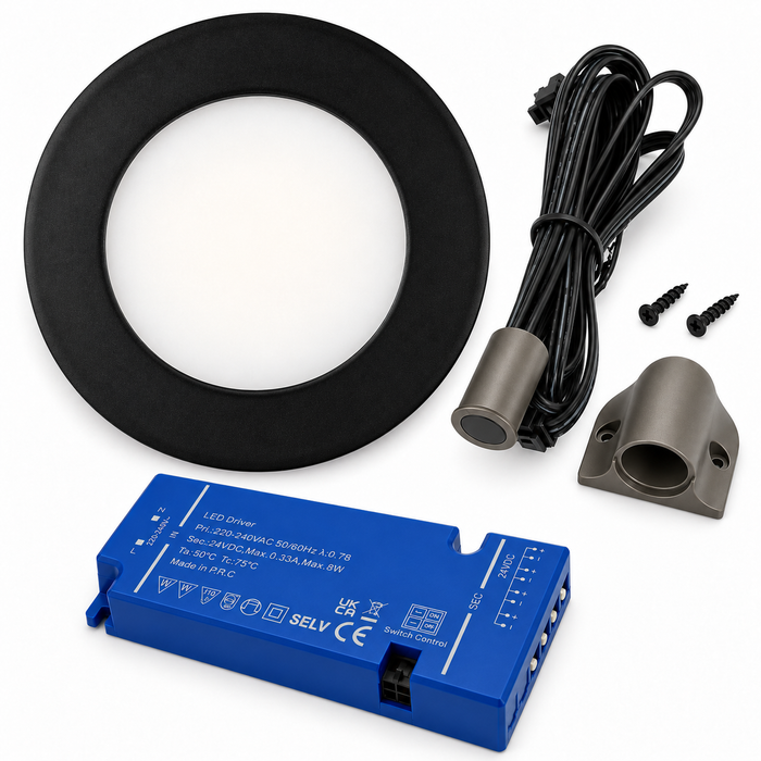 1x 24V Dimmable Black Round Recessed LED Under Cabinet Light and Driver Kit, 3 White Colours
