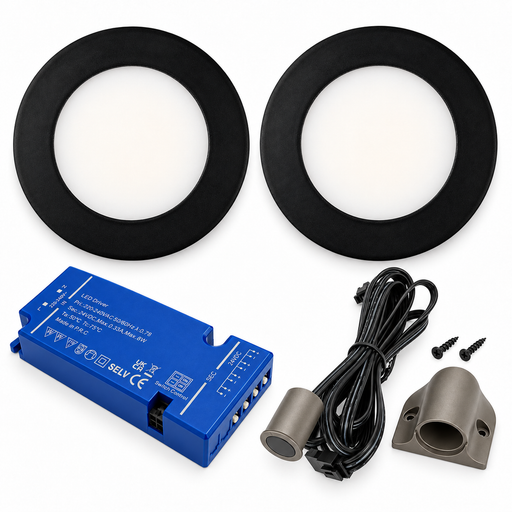 2x 24V Dimmable Black Round Recessed LED Under Cabinet Light and Driver Kit, 3 White Colours