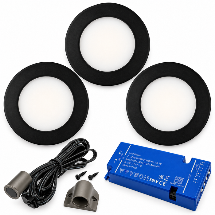 3x 24V Dimmable Black Round Recessed LED Under Cabinet Light and Driver Kit, 3 White Colours