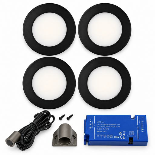 4x 24V Dimmable Black Round Recessed LED Under Cabinet Light and Driver Kit, 3 White Colours