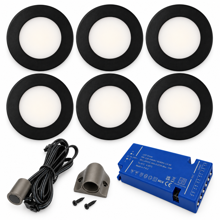 6x 24V Dimmable Black Round Recessed LED Under Cabinet Light and Driver Kit, 3 White Colours
