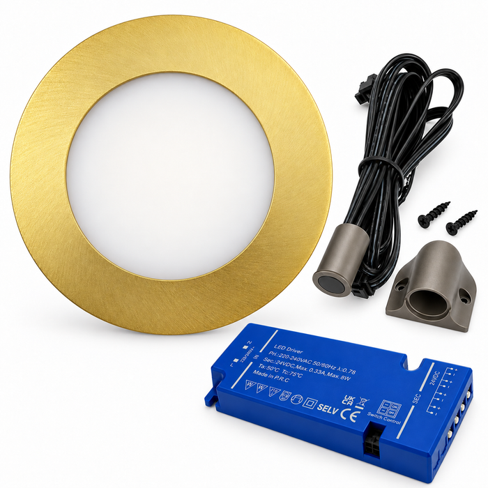 1x 24V Dimmable Brass Round Recessed LED Under Cabinet Light and Driver Kit, 3 White Colours