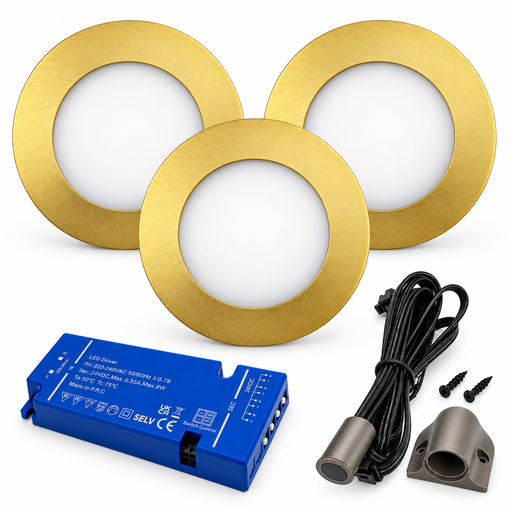 3x 24V Dimmable Brass Round Recessed LED Under Cabinet Light and Driver Kit, 3 White Colours