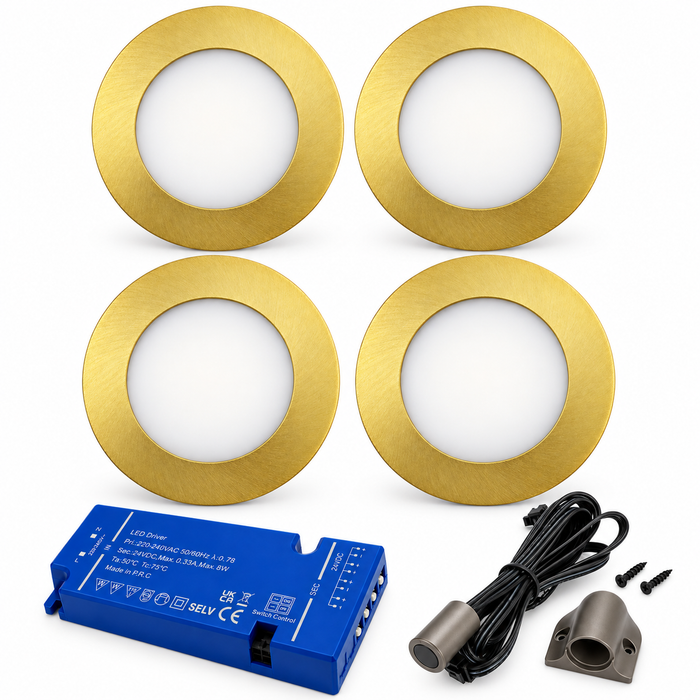 4x 24V Dimmable Brass Round Recessed LED Under Cabinet Light and Driver Kit, 3 White Colours
