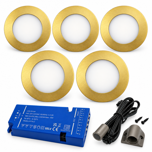5x 24V Dimmable Brass Round Recessed LED Under Cabinet Light and Driver Kit, 3 White Colours