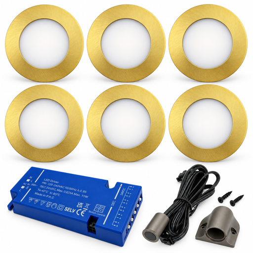 6x 24V Dimmable Brass Round Recessed LED Under Cabinet Light and Driver Kit, 3 White Colours