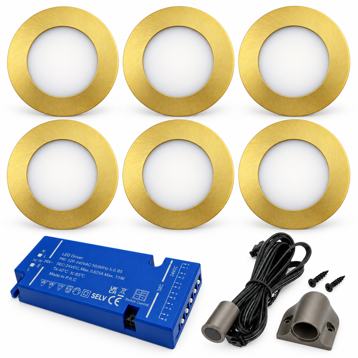 6x 24V Dimmable Brass Round Recessed LED Under Cabinet Light and Driver Kit, 3 White Colours