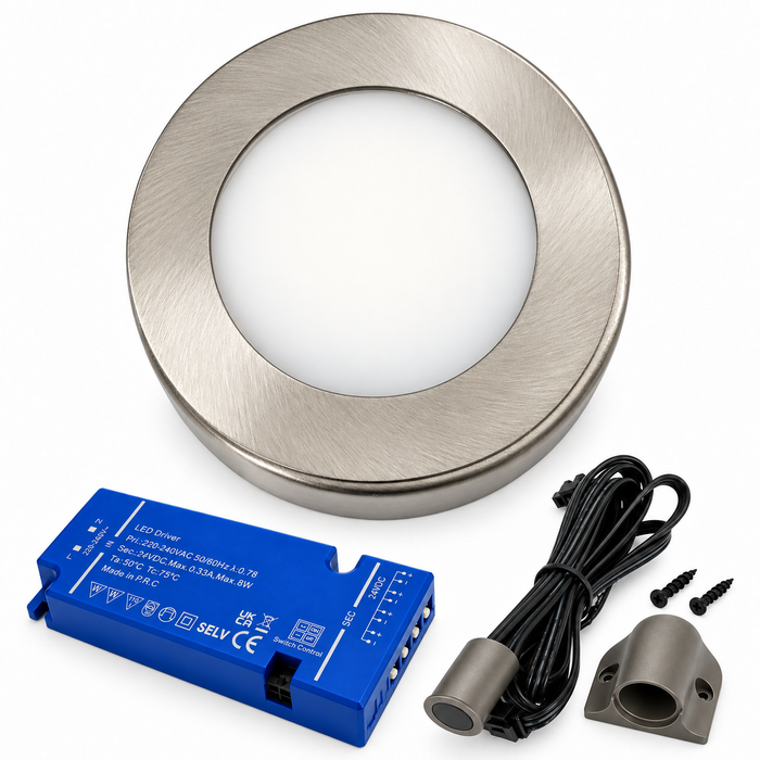 1x 24V Dimmable Aluminium Round Surface Mounted LED Under Cabinet Light and Driver Kit, 3 White Colours