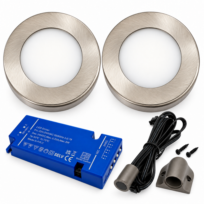 2x 24V Dimmable Aluminium Round Surface Mounted LED Under Cabinet Light and Driver Kit, 3 White Colours
