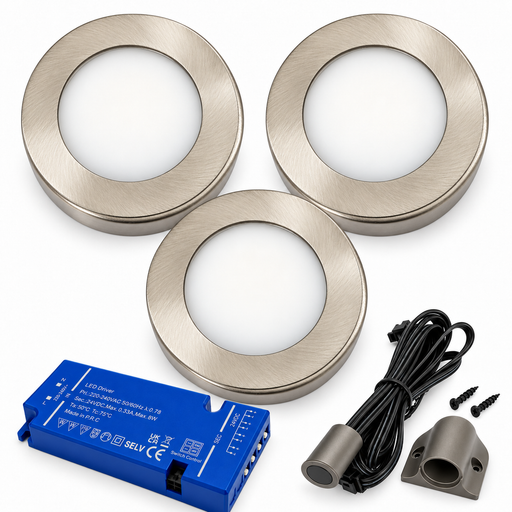 3x 24V Dimmable Aluminium Round Surface Mounted LED Under Cabinet Light and Driver Kit, 3 White Colours