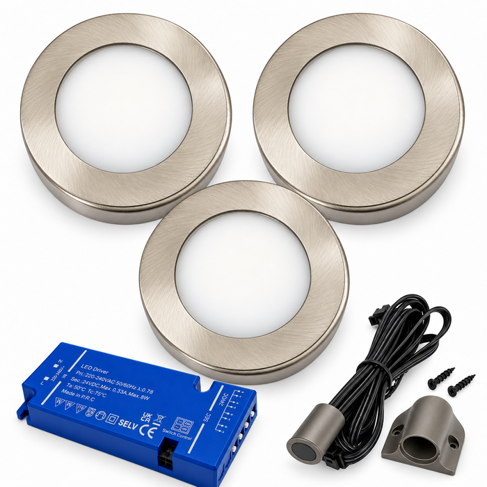 3x 24V Dimmable Aluminium Round Surface Mounted LED Under Cabinet Light and Driver Kit, 3 White Colours